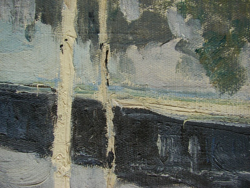 Ukrainian Soviet USSR Oil Painting impressionism river winter birch trees snow gallery