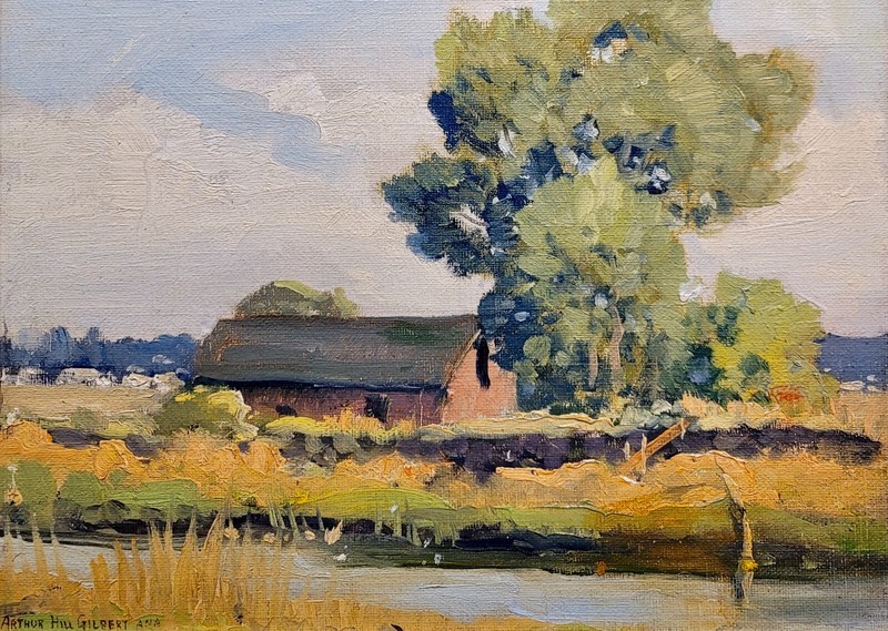 Arthur Hill Gilbert -Red Barn in a Farm Landscape -c1930s Oil painting gallery