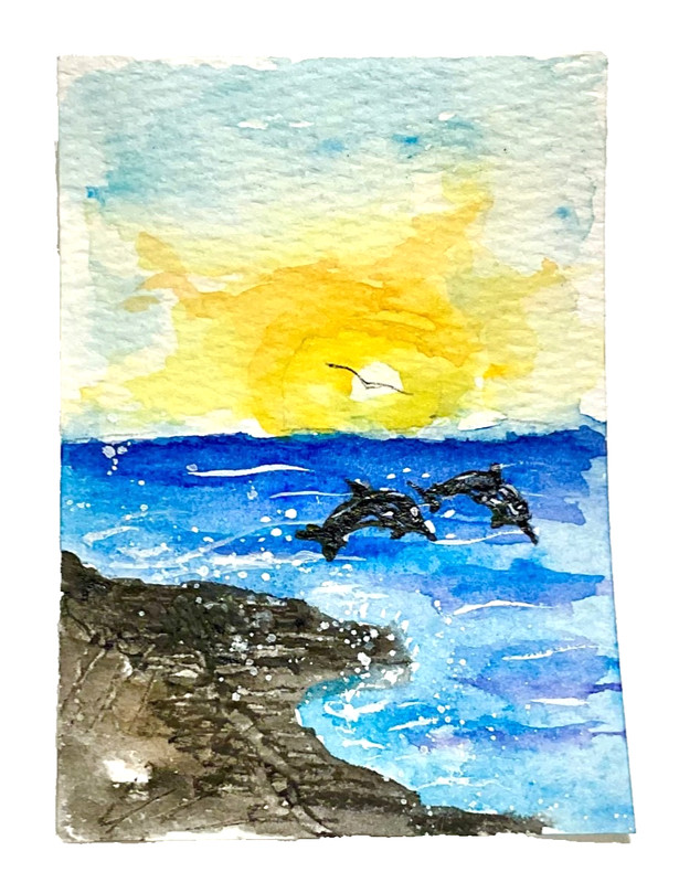 ACEO original dolphin seascape ocean ATC OOAK Cherie Donnell