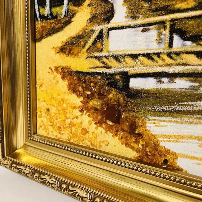 Large Baltic Amber Mosaic Landscape Wall Art 3D Birch Trees Bridge Framed 18x14 gallery