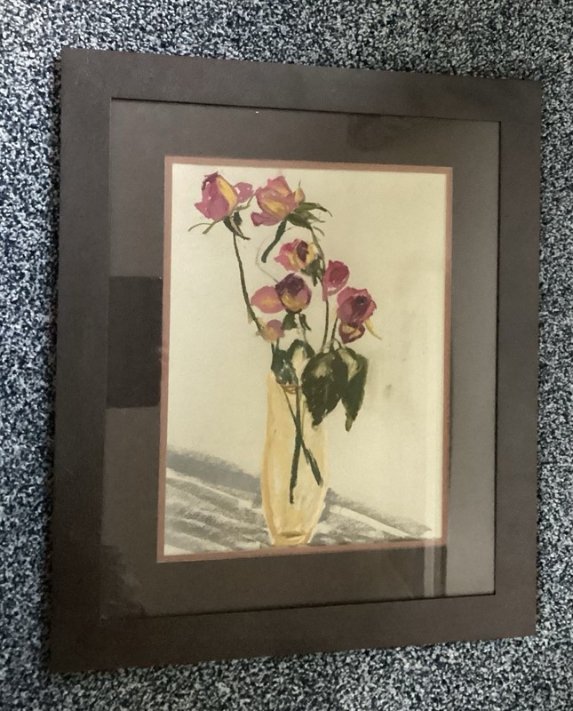 Pastel Flower Painting of some dying roses In Distressed Brown Frame
