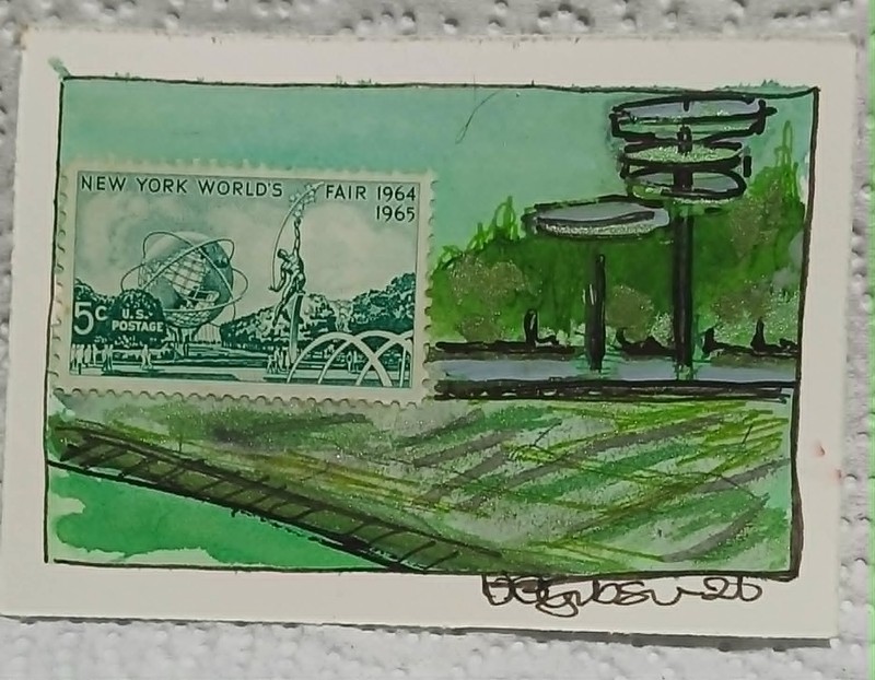 Postal Whimsy ACEO – 1964 New York World’s Fair Unisphere – OOAK Watercolor