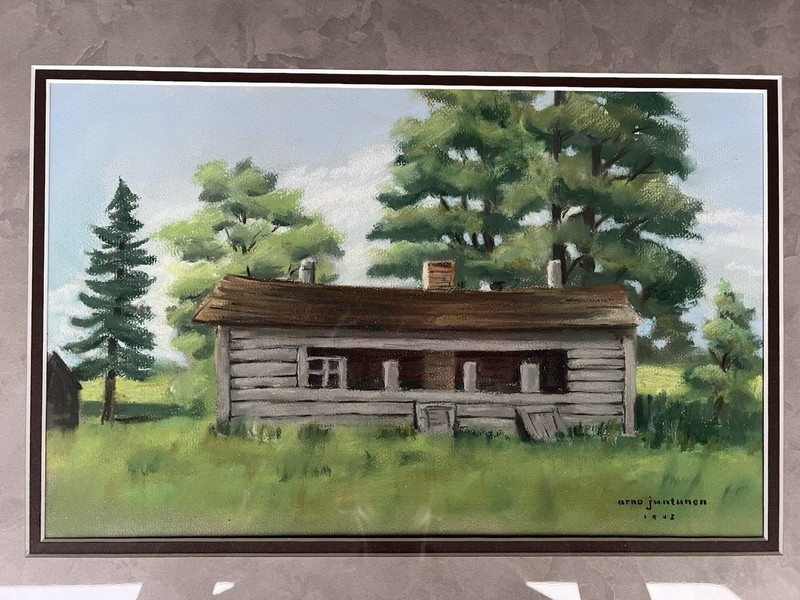 Original 1945 Art Piece By A. Juntunen - Cabin In Woods - Signed And Framed gallery