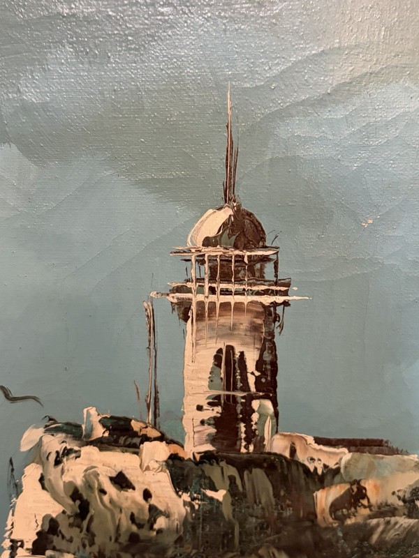 Original OOAK Signed Winslow Canvas Oil Painting Lighthouse Seascape Cliff 24” gallery