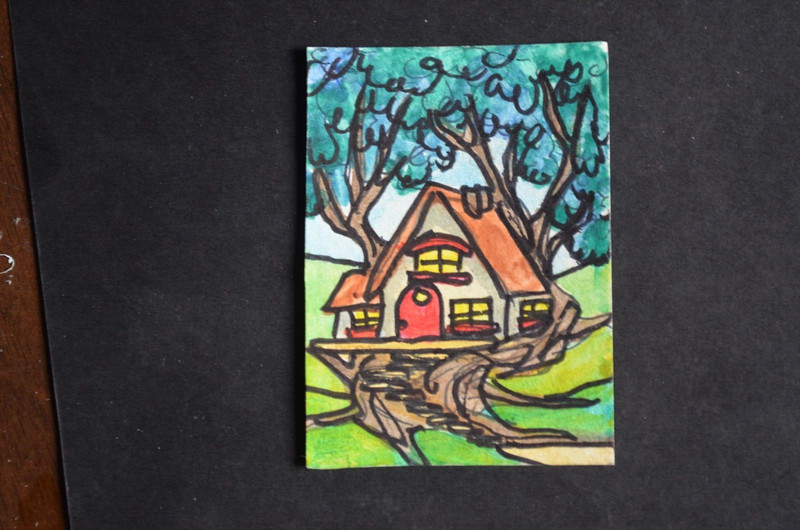 ACEO ORIGINAL ART CARDS Watercolor mixed media Treehouse Cottage signed
