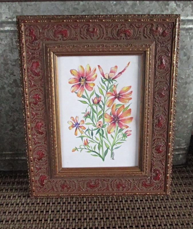 Floral art, orange/yellow floral design, red embossed frame, C515-16
