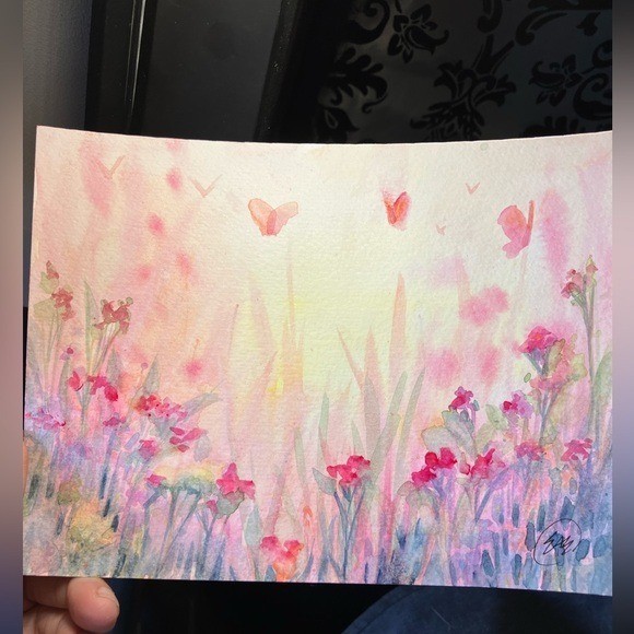 ORIGINAL Butterflies Landscape Watercolor Painting Floral Flowers Artwork USA gallery