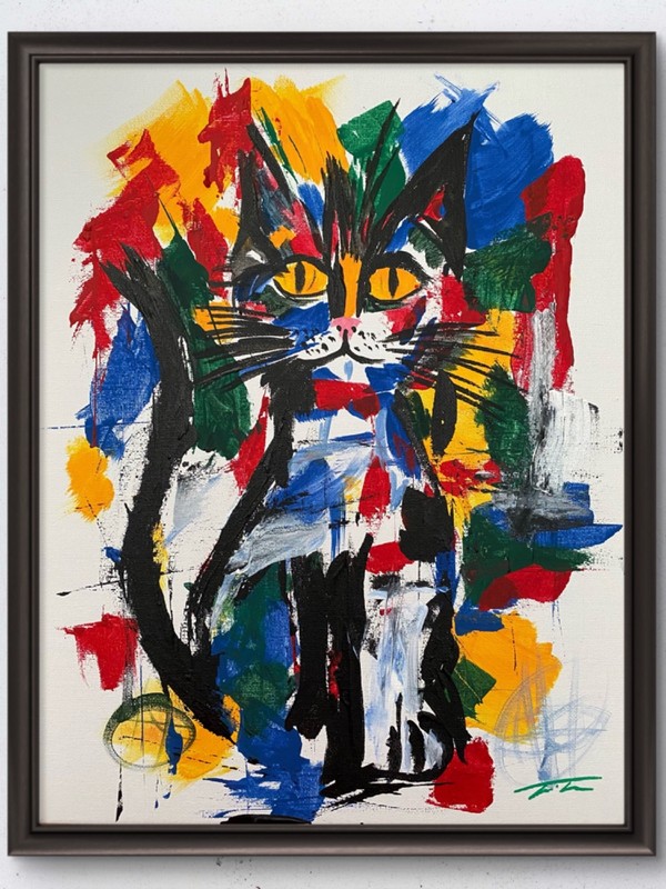 Colorful Abstract Cat Original Art 14x11 Canvas