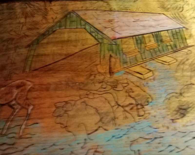 Wood Burning Scene Covered Bridge 2 Deer At Water 16"x11"x1" Vintage 5 Pounds gallery