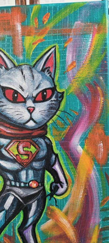Original Expressionist Super Ultra Cat 9 x 12 Acrylic Canvas Art Painting gallery