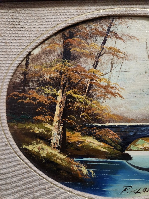 Vintage Original Oil Painting By P. Klaus Autumn Landscape Stone Bridge River gallery