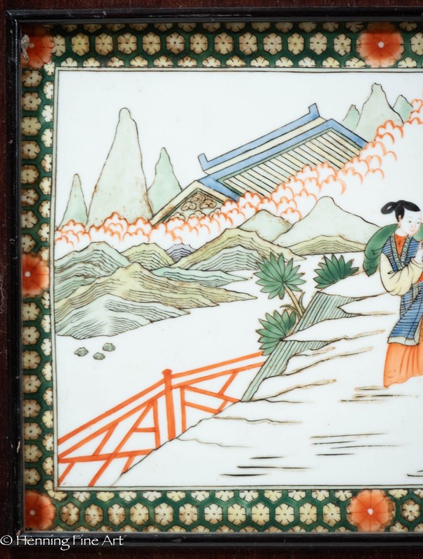 Vintage Chinese Painted Ceramic Tile of Three Figures in Landscape 15.5 x 21.25" gallery