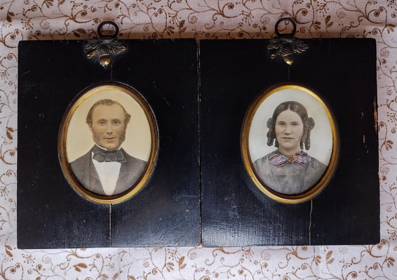 Antique Vintage Miniature Portrait Painting Pair – Husband and Wife