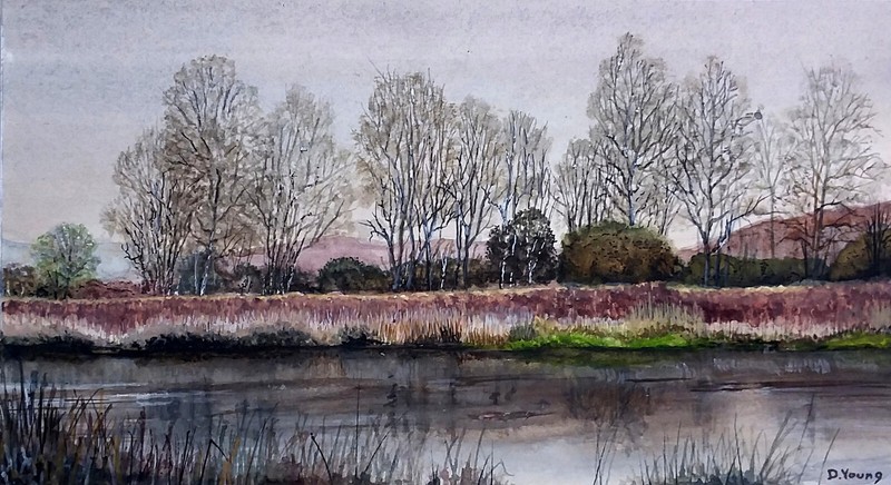 Orig. Matted Painting «Riverbank» – Gouache by Pennsylvania Artist David Young
