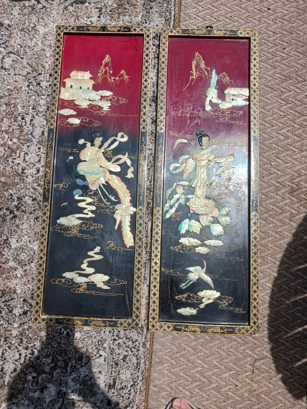 Geishas. Pearl Shell Black Lacquer Vintage Oriental Paintings. Set of 2