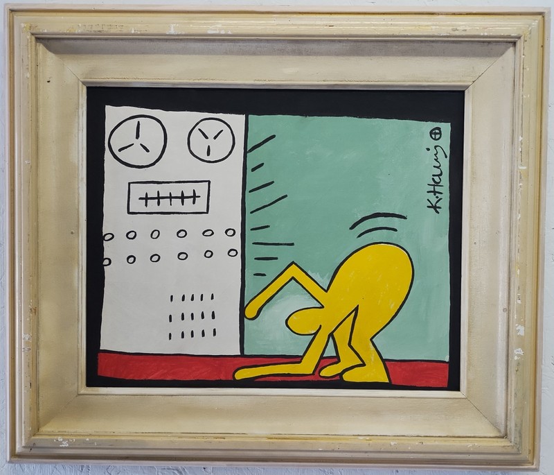 Vintage Abstract Canvas Signed Keith Haring, Modern Art 20th Century.