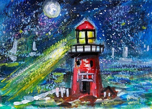 ORIGINAL ACEO Painting LIGHTHOUSE Night Stars Ocean Boats Waves Moon Sea ATC ART