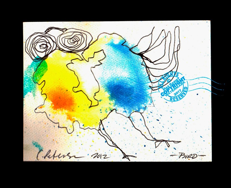 Abstract Surreal BIRD small Original Watercolor PAINTING outsider Drawing SIGNED