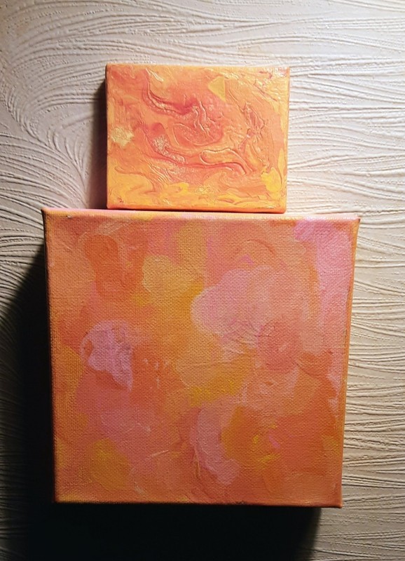 Abstract Bright Orange Pink Gold Yellow Acrylic Canvas Painting Set (2) Art OOAK