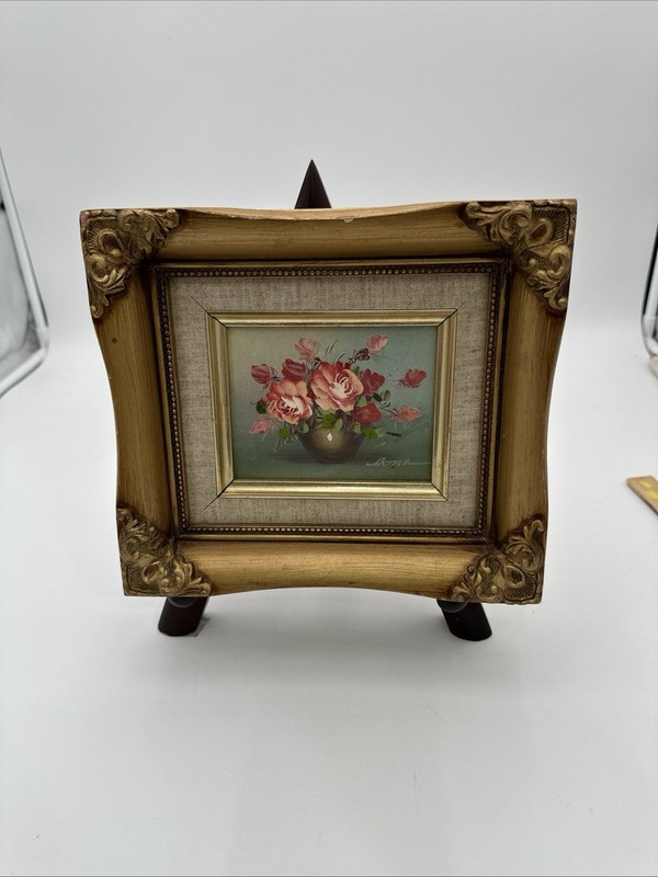 Floral Oil Painting Pink Roses Ornate Gold Tone Frame Matted Signed Victorian