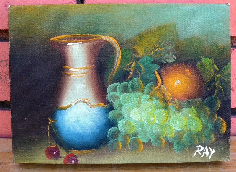 GRAPE ORANGE CHERRY FRUIT 7″ OIL PAINTING HAND PAINTED DECOR ART GIFT 055