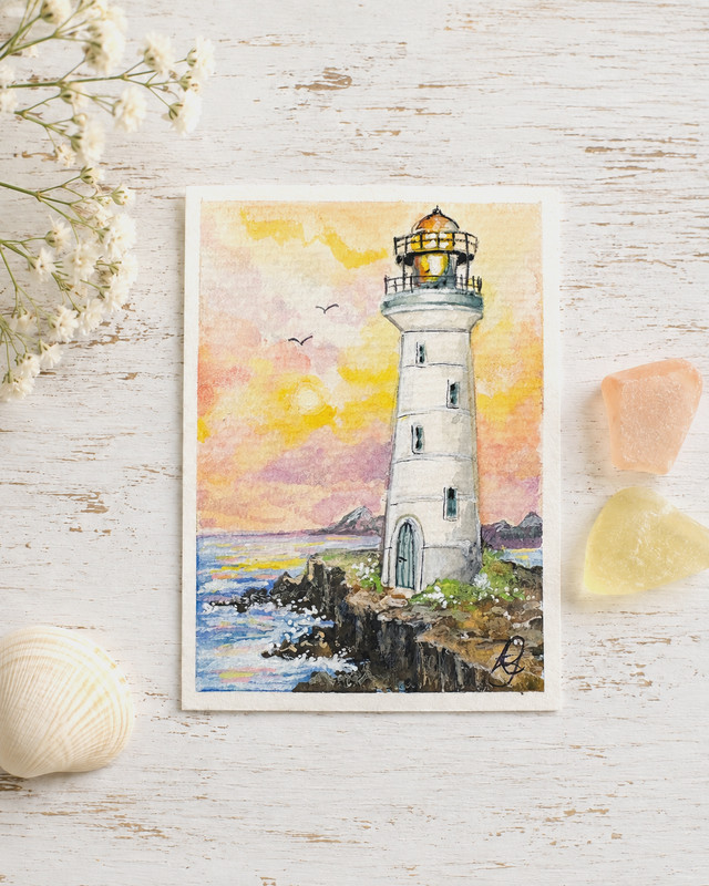 Saved through Grace -ACEO Original Watercolor Lighthouse Painting OOAK card Chr