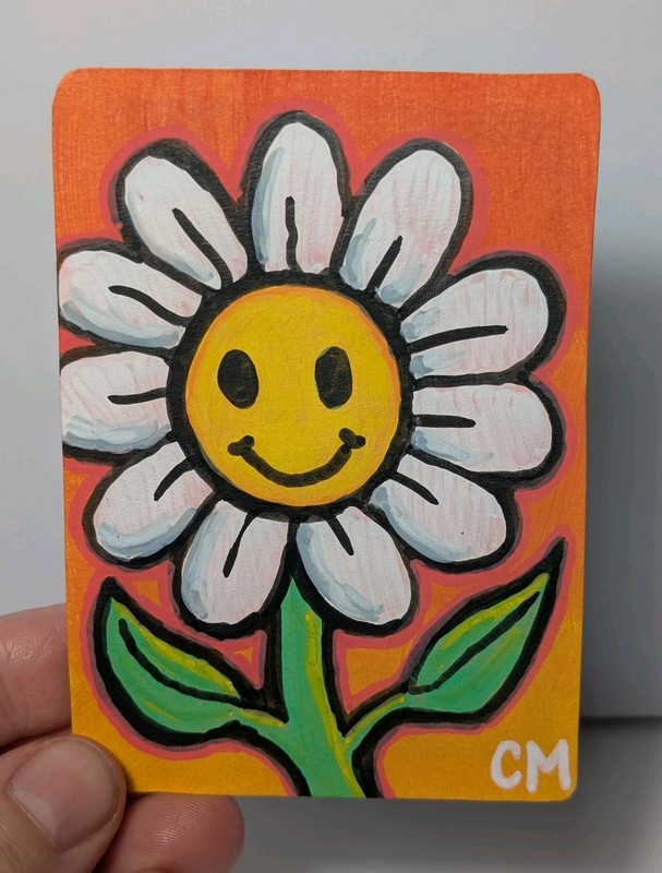 Original ACEO Happy Flower Daisy Cute Acrylic Paint Markers HandDrawn Art By CM