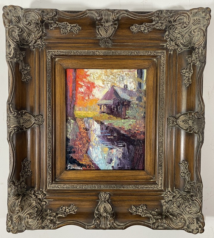Original Oil Painting – Cottage by the Water in the Woods – Massive Ornate Frame