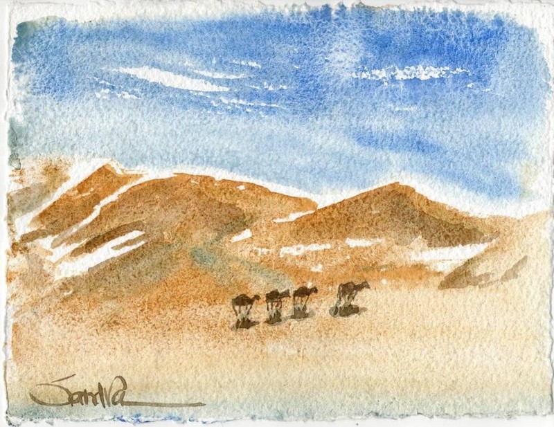 Camel Trek : Sandra Watercolors™ California : ORIGINAL PAINTING