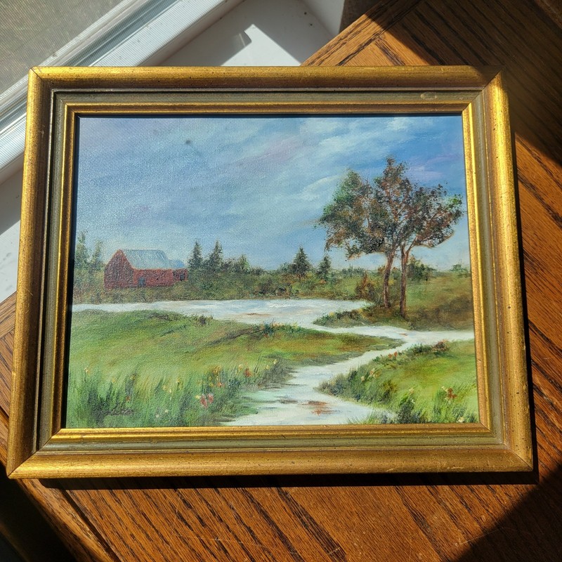 Vtg Painting Countryside Farm Barn Landscape In Wooden Frame 8×10 signed OOAK