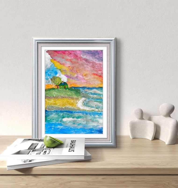 Sunset Seaside Cottage Contemporary Expressionist Original 9x12 Watercolor gallery