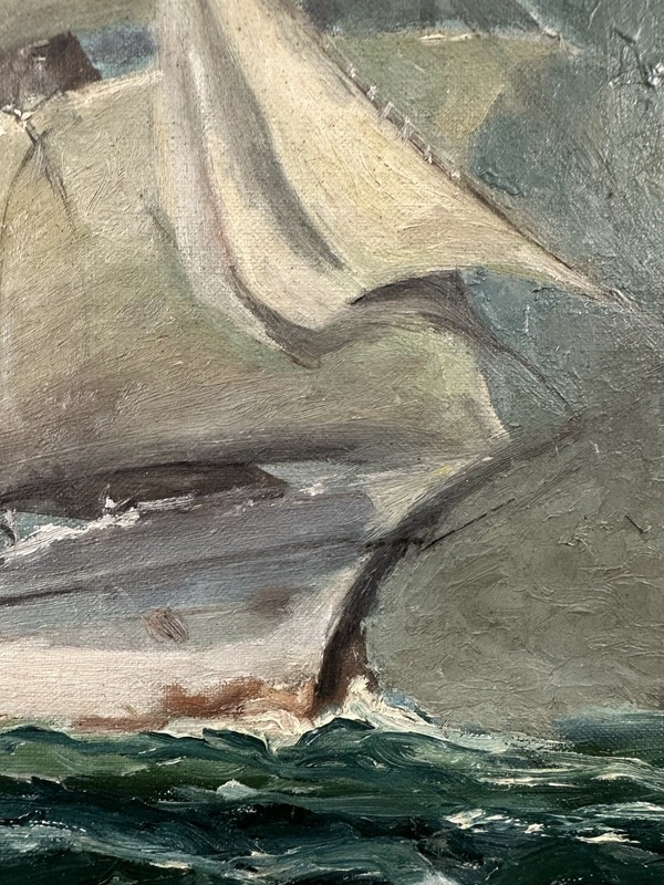 Old Oil On Canvas Signed: Sailing Boat Gliding At Sea 50 x 64 cm Marine gallery