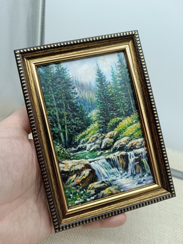 Forest Stream Original Oil Painting 4x6 Framed Signed River Woods Landscape Art gallery
