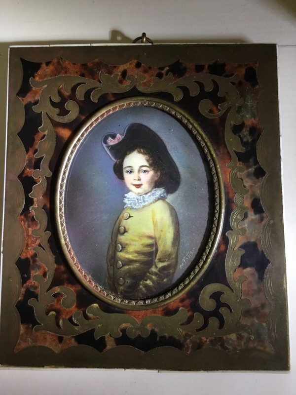Antique 19th Century Miniature Portrait Painting Boy Signed Faux Tortoise Frame!
