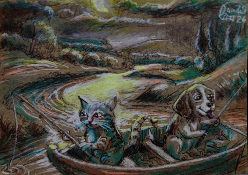 Jacob Landis WHIMSY HANDMADE ORIGINAL ACEO Sketch Kittens Cats "Tug Of War" gallery