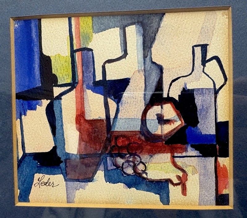 Contemporary Cubist Watercolor By Leder / ~9 X 10” / Matted & Framed gallery