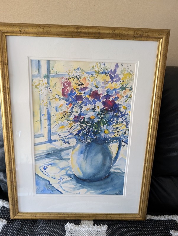 Inger Hoff Karlsson Framed Watercolor Painting «On the Bench»