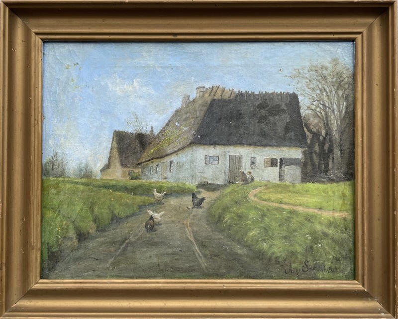 Impressionist Aage Sörensen Summer Day Farm Chickens Rooster Kids Oil Painting