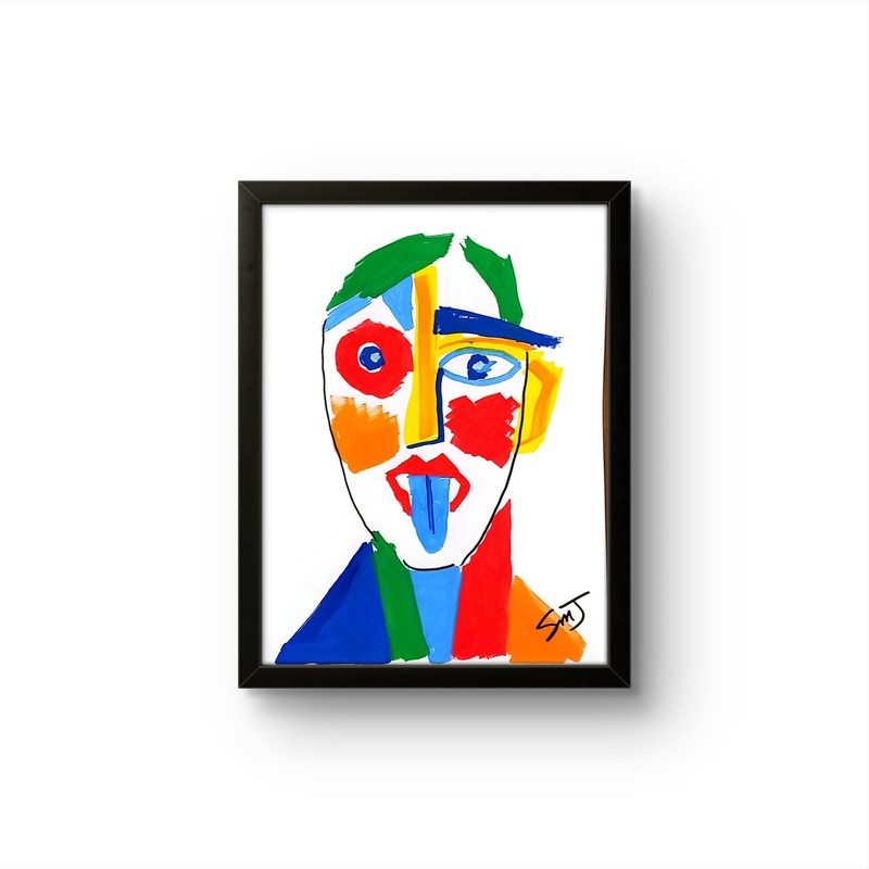 JULIEN Original FRAMED 9×12 MAN BLUE TONGUE Modern Art Acrylic Painting PAPER