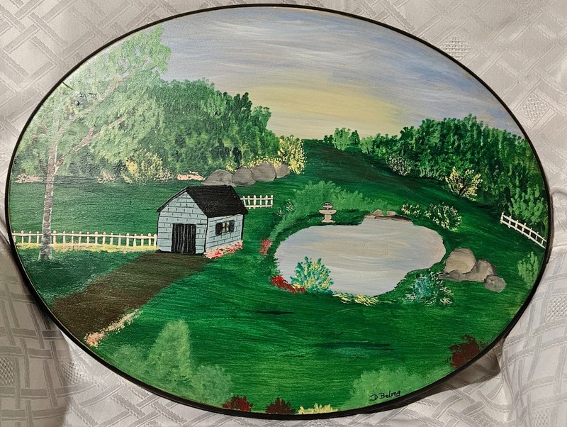 Beautiful oval shaped acrylic landscape painting by D. Belong Sale