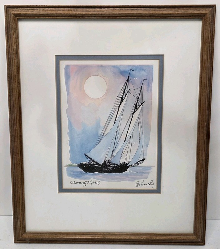 Robert E Kennedy Watercolor Original Framed Matted Schooner Off Key West Signed