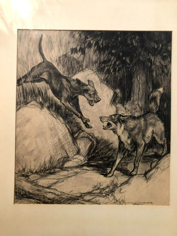 Signed Published Dramatic Illustration Art Drawing Two Dogs Fighting