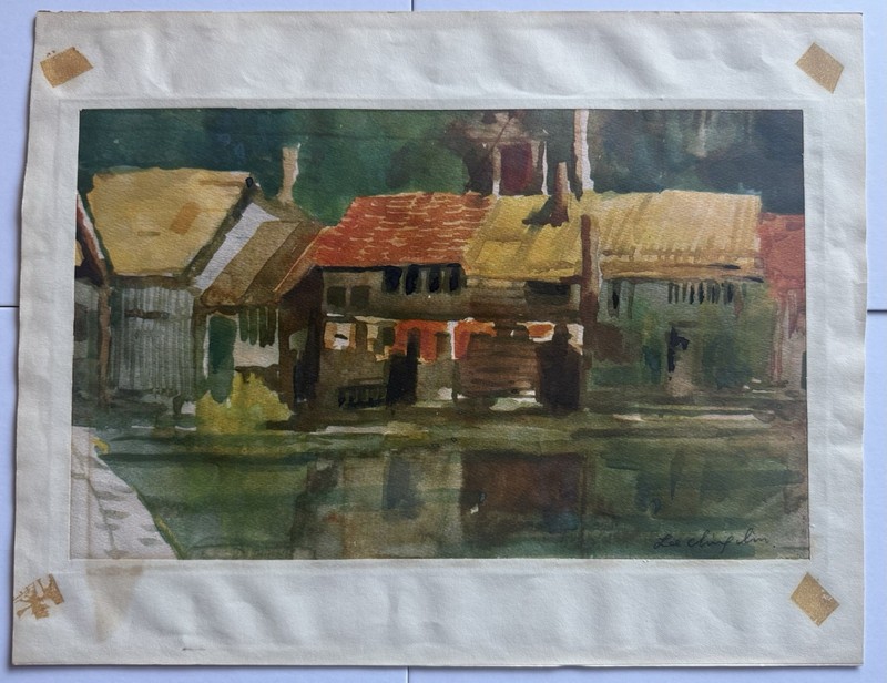 Lee Ching Lim Signed Watercolor on Paper Houses Waterscape Unframed gallery