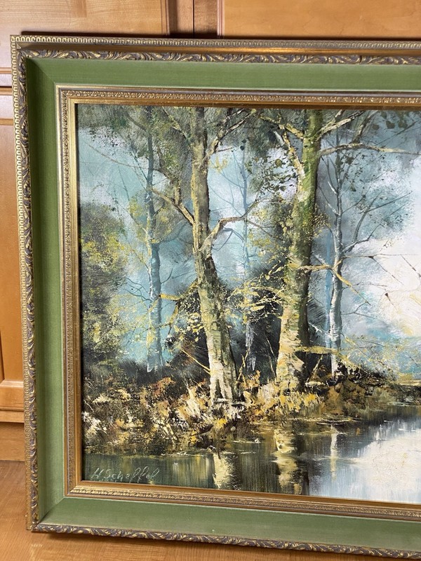 Signed Hans Heimo Scheffel "Calm Forrest" Large Vintage Oil On Canvas Painting gallery