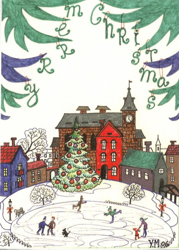 5×7 PRINT OF PAINTING RYTA CHRISTMAS VILLAGE HOUSES SCOTTISH TERRIER folk art 🎄