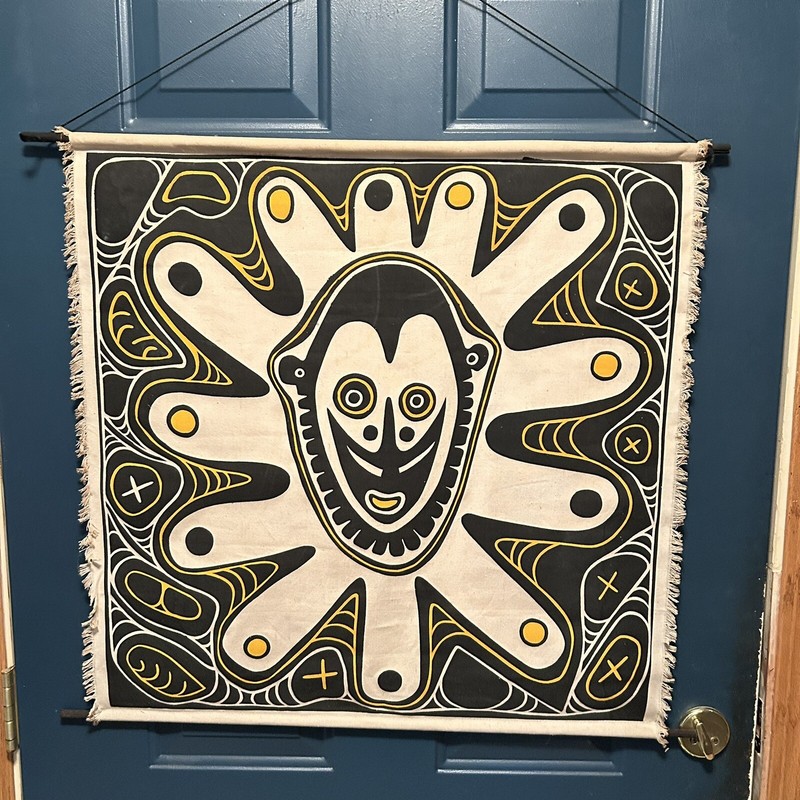 Vintage 70’s Abstract Tribal Painting on Canvas 20th Century 27” x 27”