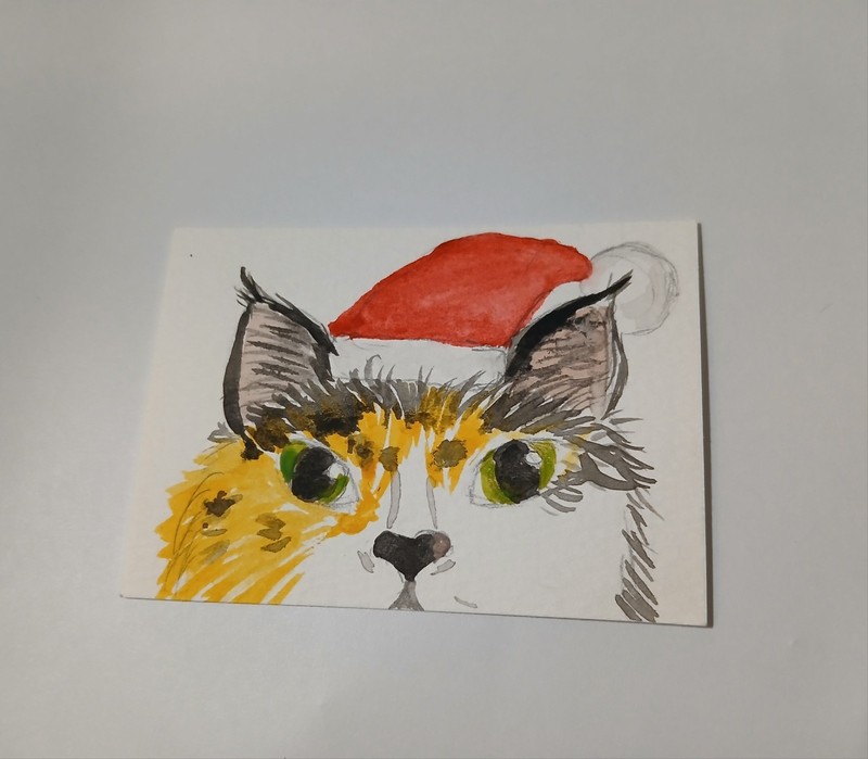 Aceo Calico Santa Cat Watercolor Original Art ATC Card