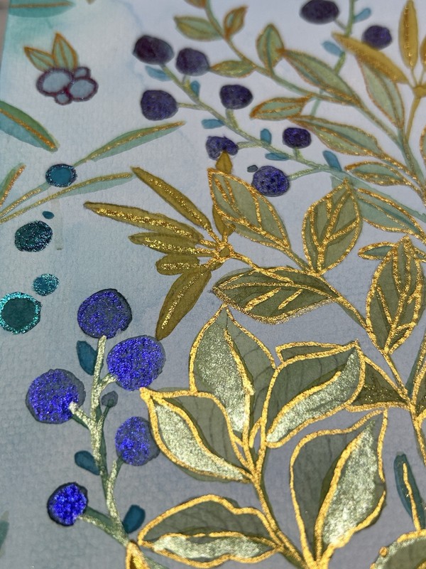 Watercolor Painting Botanical Flowers Leaves Floral Art Shimmer Gold Berries gallery