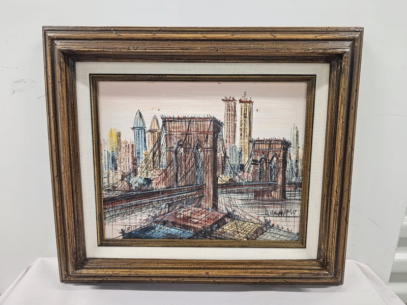 Impressionistic oil painting of the Brooklyn Bridge & Twin Towers, signed.