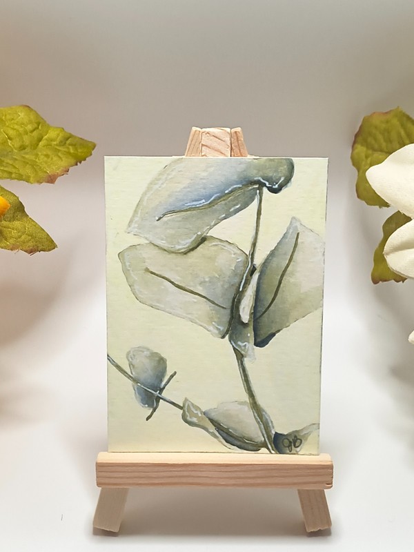 ACEO Original Acrylic Painting Art Card Botanical 2.5 x3.5 Silver Leaves